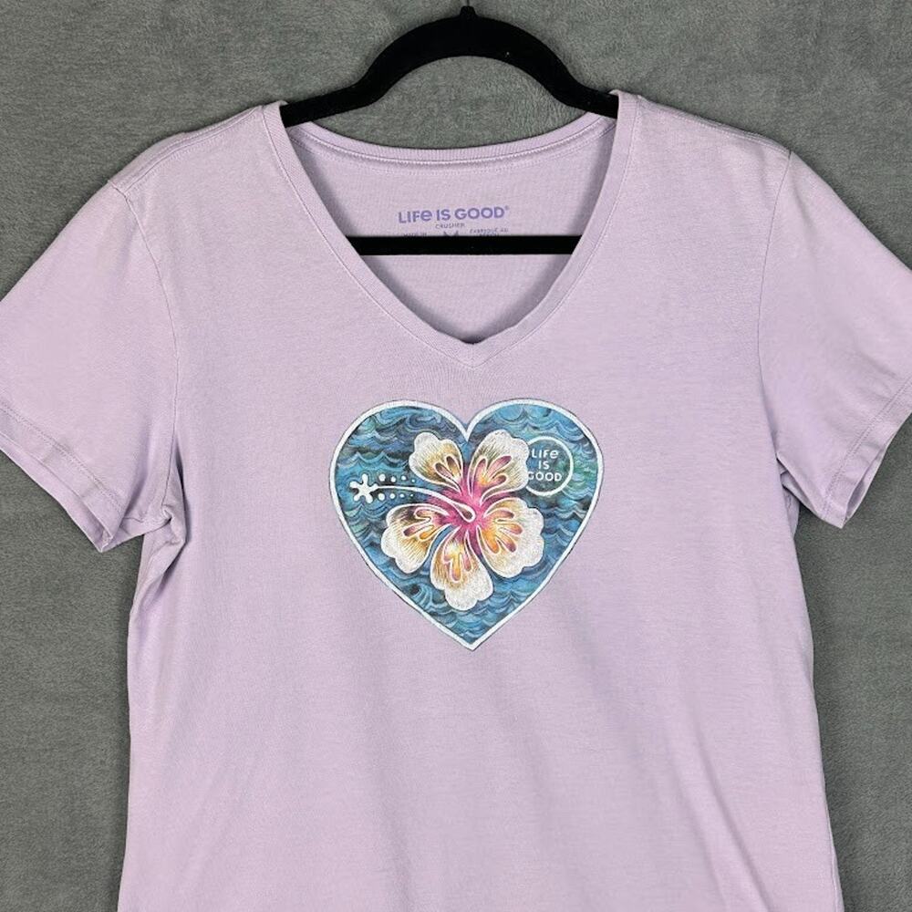 Life Is Good Top Womens Medium Purple Crusher Tee Short Sleeve Flower Heart - Picture 2 of 11